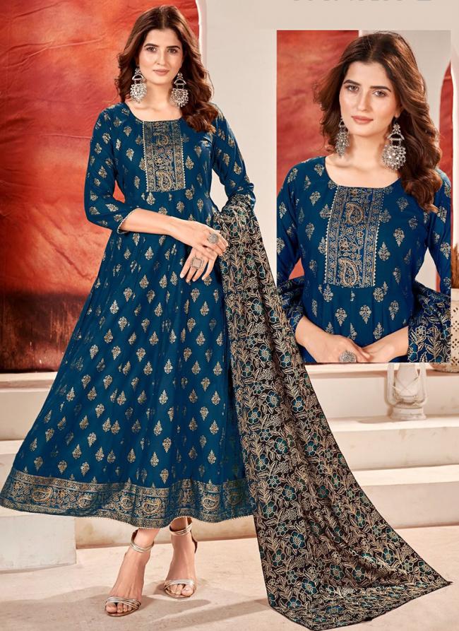 Rayon Blue Casual Wear Foil Printed Gown With Dupatta